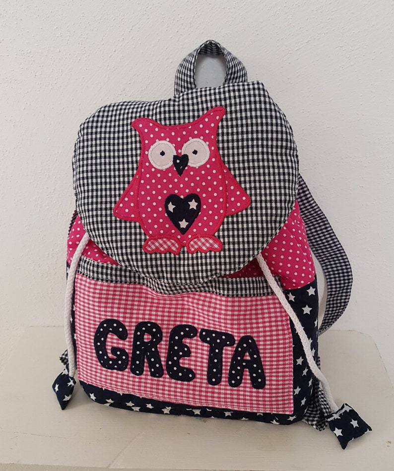 Kindergarten Rucksack mit Eule pink dunkelblau mit Wunschnamen Bild 1