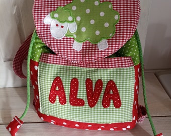 Kindergarten backpack with sheep and name green red