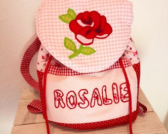 Kindergarten Rucksack mit Rose rosa rot mit Wunschnamen