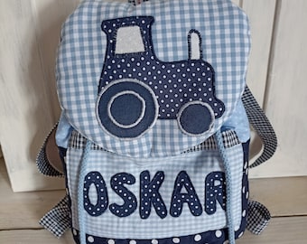 Kindergarten Rucksack Traktor blau mit Wunschnamen