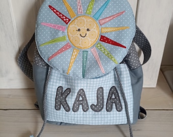 Kindergarten backpack with name and sun grey blue