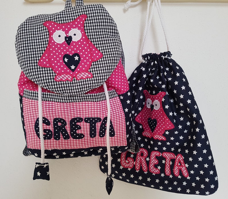 Kindergarten Rucksack mit Eule pink dunkelblau mit Wunschnamen Bild 2