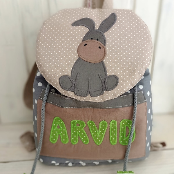 Kindergarten backpack donkey brown green grey with name