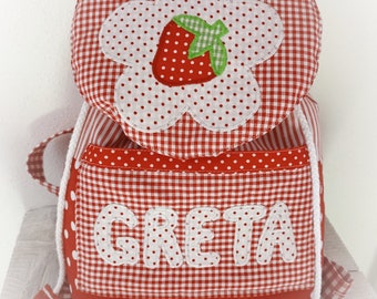Kindergarten backpack with flower strawberry and name red green