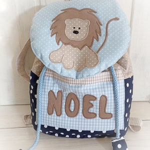 Kindergarten Rucksack Löwe hellblau beige mit Namen