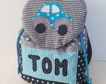 Kindergarten backpack blue turquoise with car and name
