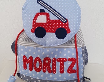 Kindergarten Rucksack mit Namen und Feuerwehrauto