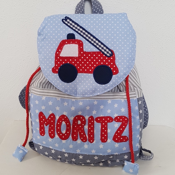 Kindergarten Rucksack mit Namen und Feuerwehrauto