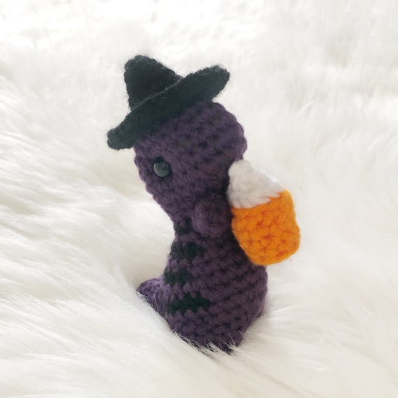 Pumpkin Spice Latte Witch Dino Plushie Crochet Amigurumi -Halloween -Fall Autumn -Spooky Season -Purple and Black -Witch Hat -Cute Dinosaur