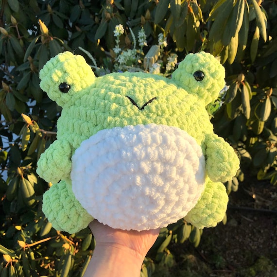 Plump Frog Plushie Giant Soft and Fluffy Crochet Amigurumi cute Frog Plush  frog Lover cuddly Froggy Stuffed Animal sage Green velvet 