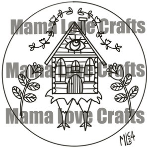 May include: Black and white line art illustration of a house with an eye on the front, surrounded by flowers and vines. The house is on chicken legs and the text "Mama Love Crafts" appears three times around the image.