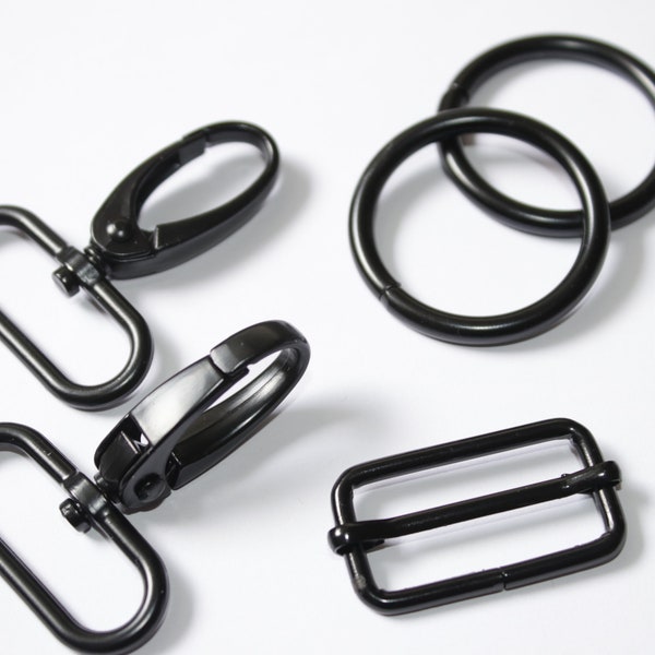 SET schwarz-matt Karabinerhaken + Rund-Ringe + Schieber 30 mm (EUR 6,90/Set) Karabiner Metall-Ring Versteller Taschenkarabiner schwarz