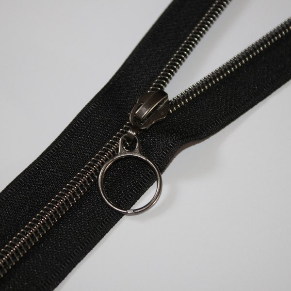 Metall-Reißverschluss schwarz-silber 5mm mit Ring-Zipper (EUR 2,60/1m-Set) schwarz-nickel schwarz
