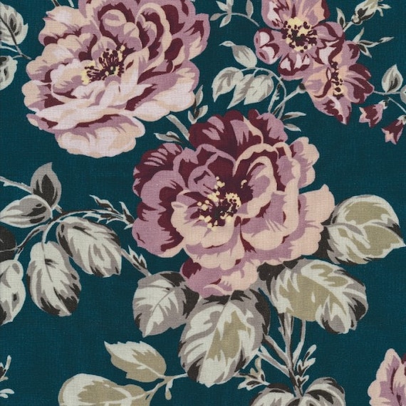 Baumwolle Sophia dusty petrol AU Maison (EUR 18,00/m) Rosen Baumwoll-Stoff  Rose blau