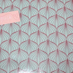 Puede incluir: Una tela azul claro con un patr&oacute;n repetitivo de formas de hojas granates. Una etiqueta rectangular rosa con la palabra "n&auml;hgl&uuml;ck" y un coraz&oacute;n est&aacute; colocada sobre la tela.