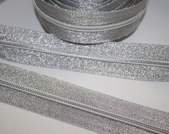 Reißverschluss silber glitzer 5mm Schiene Glimmer Endlos-Reißverschluss (EUR 2,80/m) Endlos-Ware  silberfarben Glitzer-Reißverschluss
