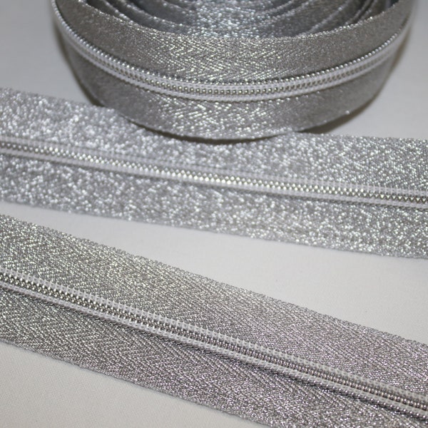 Reißverschluss silber GLITZER (EUR 2,60/m) 5 mm Schiene Glimmer Endlos-Ware Endlos-Reißverschluss glimmer-glitzer silberfarben