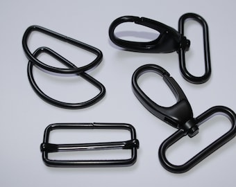 Set schwarz lackiert Karabinerhaken + D-Ringe + Schieber 40 / 38 mm (EUR 7,50/Set) Karabiner D-Ring Taschenkarabiner schwarz