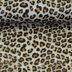 Könnte beinhalten: Ein Stoffmaterial mit einem sich wiederholenden Leopardenmuster. Das Design besteht aus schwarzen, unregelmäßigen, kreisförmigen Umrissen, die mit einem goldbraunen Farbton gefüllt sind und sich von einem rein weißen Hintergrund abheben.