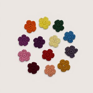 May include: A collection of thirteen small, five-petaled flowers made of crocheted yarn in various solid colors including orange, yellow, dark green, blue, purple, light pink, red, dark purple, maroon, peach, and mustard yellow.