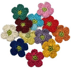 May include: A collection of twelve individual five-petaled crochet flowers in various colors including dark green, pink, light blue, red, white, maroon, yellow, purple, orange, dark blue, and magenta, each featuring a small lime green center.