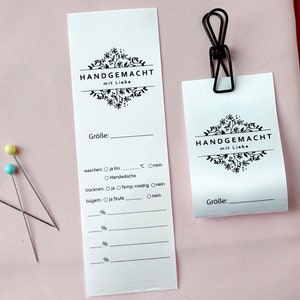Textillabel mit Größe, Stoffart und Pfeleghinweisen zum selbst beschriften, Label personalisierbar, handgemacht mit Liebe, M10