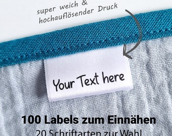 100 Wunschtext Labels mit digitaler Voransicht, Stofflabel personalisiert zum Annähen, Textiletiketten, Webetiketten, Einnähen oder Annähen