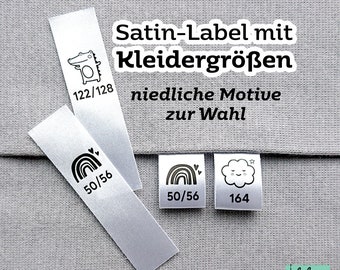 Größenetiketten mit niedlichen Motiven aus Satin zum Einnähen, Textil Label um Größen zu markieren, 1,5 cm breit