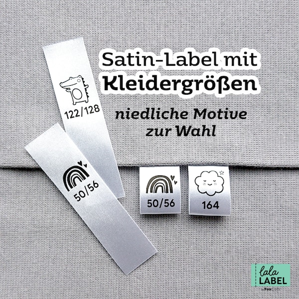 Größenetiketten mit niedlichen Motiven aus Satin zum Einnähen, Textil Label um Größen zu markieren, 1,5 cm breit