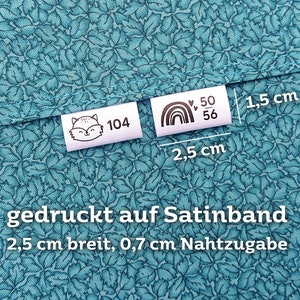 Textiletiketten mit Kleidergrößen zum Einnähen aus Satin, weiß, Größenlabel mit Motiv, individuell bedruckte Größenetiketten, 2,5 cm breit Bild 2