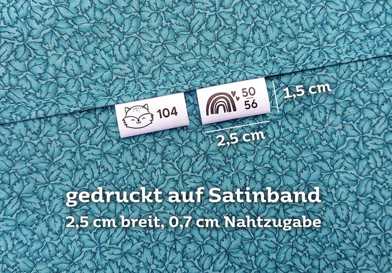 Textiletiketten mit Kleidergrößen zum Einnähen aus Satin, weiß, Größenlabel mit Motiv, individuell bedruckte Größenetiketten, 2,5 cm breit Bild 2