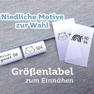 Textiletiketten mit Kleidergrößen zum Einnähen aus Satin, weiß, Größenlabel mit Motiv, individuell bedruckte Größenetiketten, 2,5 cm breit Bild 1