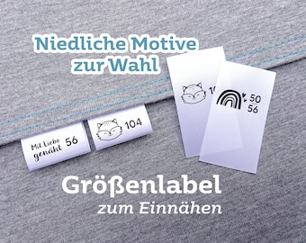 Textiletiketten mit Kleidergrößen zum Einnähen aus Satin, weiß, Größenlabel mit Motiv, individuell bedruckte Größenetiketten, 2,5 cm breit