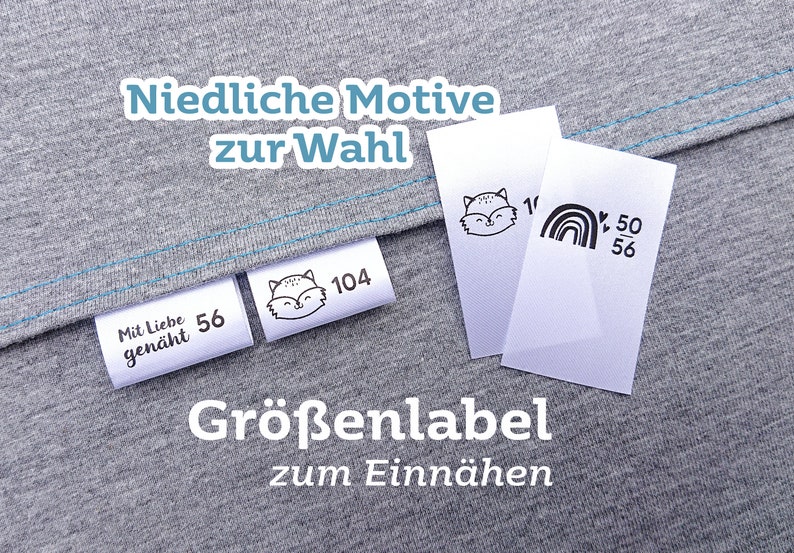 Textiletiketten mit Kleidergrößen zum Einnähen aus Satin, weiß, Größenlabel mit Motiv, individuell bedruckte Größenetiketten, 2,5 cm breit Bild 1