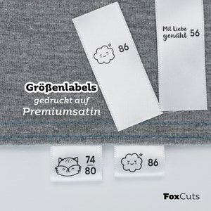 Größenetiketten zum Nähen, Personalisierte Größenlabel, Kleidergrößen Etiketten für handgemachte Kleidung, Textiletiketten aus Premium Satin Bild 1