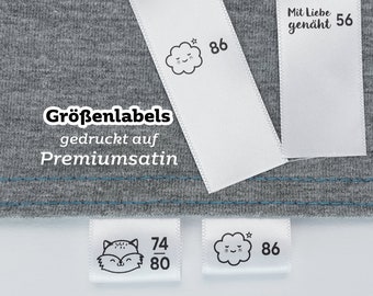 Größenetiketten zum Nähen, Personalisierte Größenlabel, Kleidergrößen Etiketten für handgemachte Kleidung, Textiletiketten aus Premium Satin