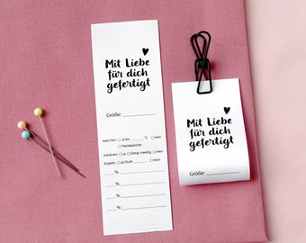 Pflegeetiketten zum Beschriften und Einnähen, Labels zum Annähen für Textilien, Größenetiketten oder Wäscheetiketten, mit Liebe genäht, MU16