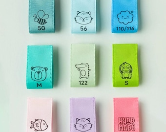 Größenlabel, Größenetiketten, Kleidergrößen zum Einnähen, Einnäher handmade, Textiletikett zum Nähen, Faltlabel mit Größe oder Namen