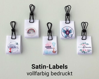 farbig bedruckte Labels zum Einnähen mit Logo, personalisierte Etiketten, Stoffetikett, Textiletikett oder Logolabels, Markenlabel