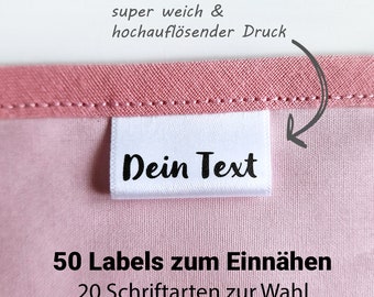 50 Labels mit Wunschtext, Stofflabel personalisiert zum Annähen, Textiletiketten, Webetiketten,  Einnähen oder Annähen, Schilder mit Namen