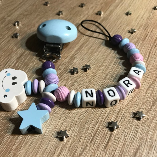 Collier Schnuller avec nom-perles en résine blanc-nuage, étoile bleu clair pastel, rose pâle, Flyer