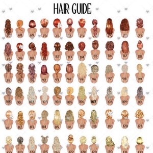 May include: A chart with 132 different hairstyles for women. The hairstyles are numbered and arranged in rows. The chart is titled "Hair Guide".