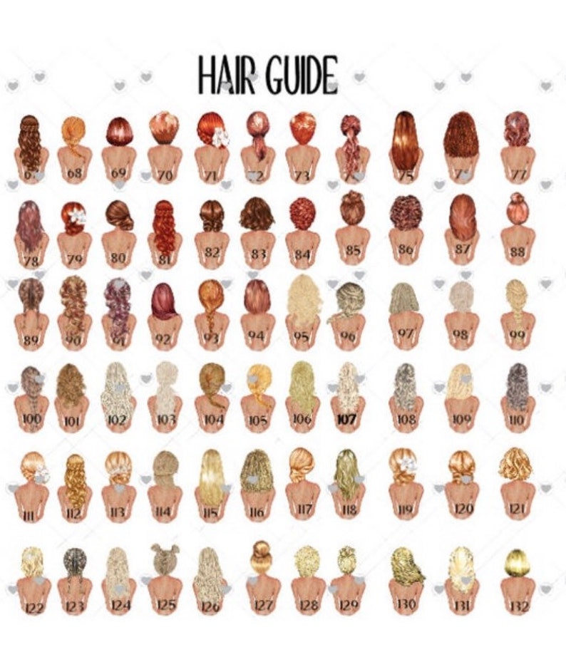 May include: A chart with 132 different hairstyles for women. The hairstyles are numbered and arranged in rows. The chart is titled "Hair Guide".
