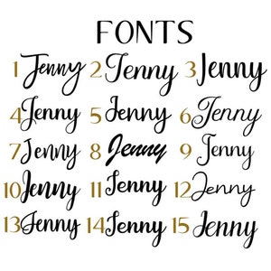 May include: A black text chart titled FONTS displaying fifteen different script and cursive typeface styles. Each font is numbered from 1 to 15 and demonstrates the name Jenny in a unique lettering style, showcasing variations in stroke, weight, and flourish.