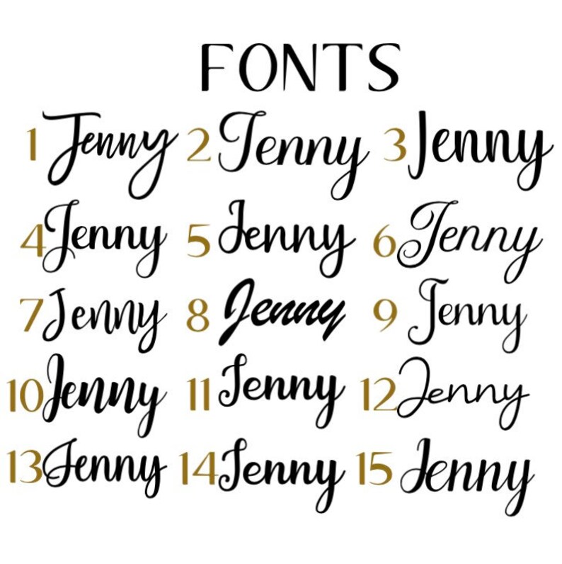 May include: A black text chart titled FONTS displaying fifteen different script and cursive typeface styles. Each font is numbered from 1 to 15 and demonstrates the name Jenny in a unique lettering style, showcasing variations in stroke, weight, and flourish.