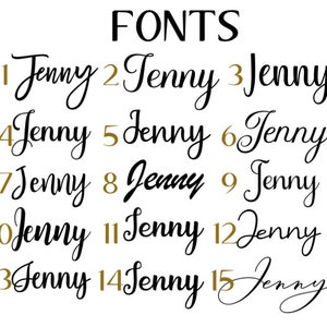 May include: A graphic showing 15 different font styles of the word "Jenny" numbered 1 through 15. The numbers are in gold.