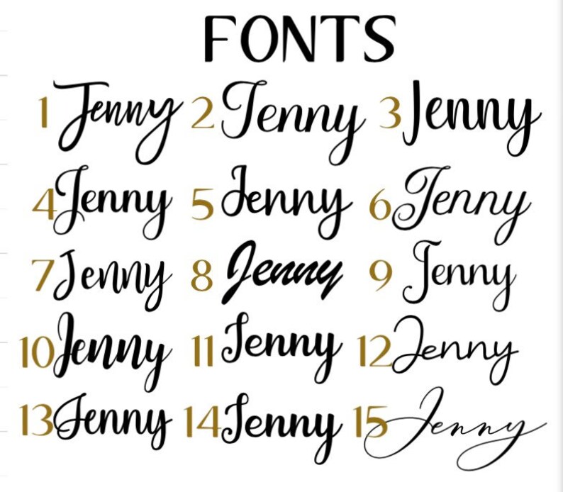 May include: A graphic showing 15 different font styles of the word "Jenny" numbered 1 through 15. The numbers are in gold.