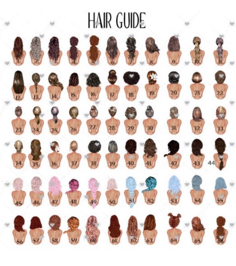 May include: A chart with 66 different hairstyles for women. The chart is labeled "HAIR GUIDE".