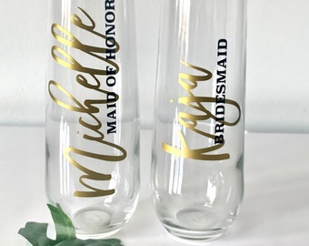 Personalized Bridesmaid Champagne Flute, Stemless Wedding Toast Glass