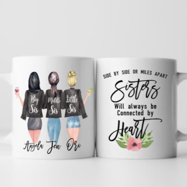 Sister mugs//sisters gift//side by side//sisters at heart/custom mug//custom sister mug/sister/soul sister//little sis/big sis/middle sis